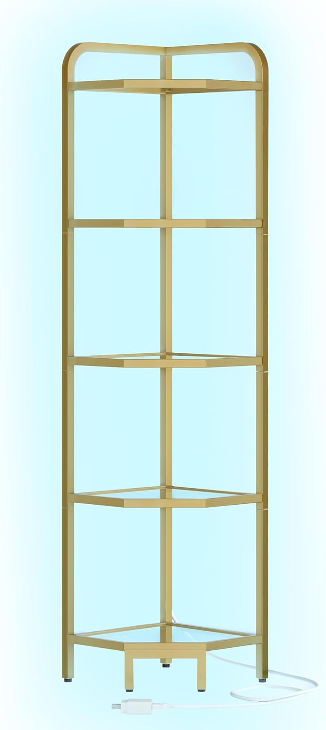 Corner Shelf with LED Lighting, 5-Tier Glass Bookshelf, Steel Frame, Tempered Glass, Modern Style Corner Shelf, Suitable for Living Room, Bedroom and Game Room, Gold CS09599G