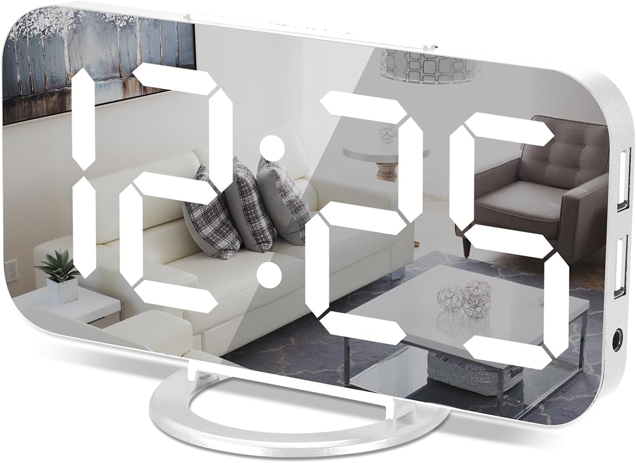 Poeroa Digital Alarm Clock,7" LED Mirror Electronic Clocks,with 2 USB Charging Ports,Snooze Mode,Auto Adjust Brightness,Modern Desk Wall Clocks for Bedrooms Living Room Office - White