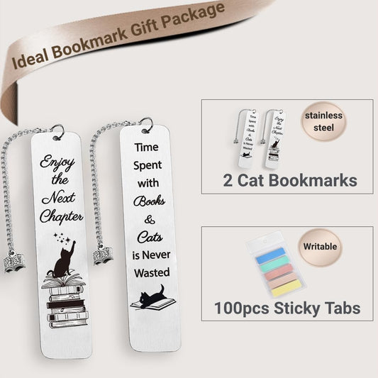 Metal Bookmark Gift for Book Lover - 2 Pcs for Women with 100 Page Marker - Cat Mom