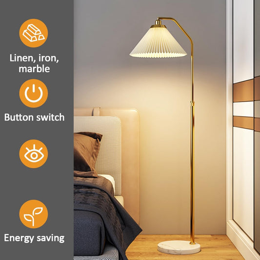 Gold Floor Lamp Adjustable Height Angle Floor Lamps Sofa Side Standing Reading Light Rust-Proof Iron Tall Lights Marble Base Linen Shade Pole Lamp E27 Base for Classroom Dorm Room