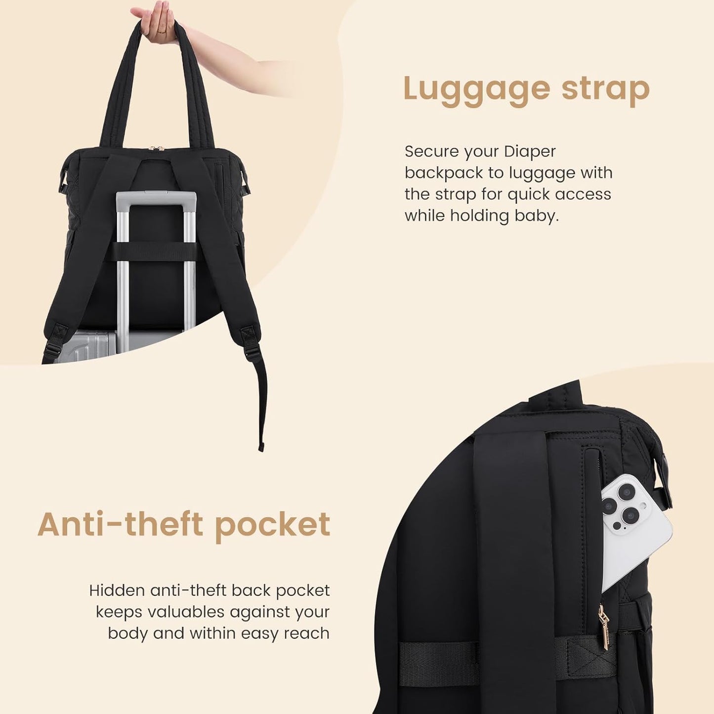 LOVEVOOK Diaper Bag Backpack,Diaper Bag Tote for Mom Dad with Changing Pad,Insulated Pockets, Convertible Lightweight Mom Backpack with Pacifier Case(Black)