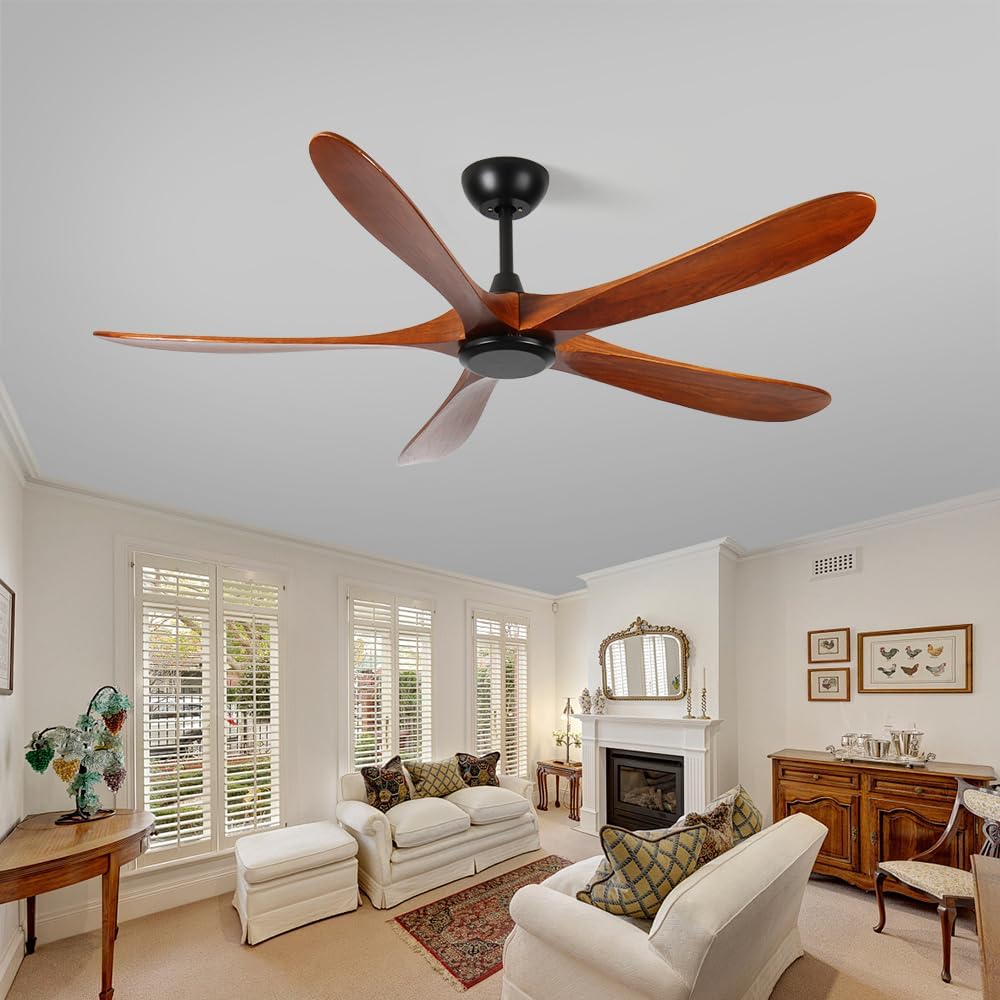 60 inch Wood Ceiling Fan No Light,Low Profile Ceiling Fan without light,6-Speed Noiseless DC Motor Reversible,Timer,Remote Control for Bedroom Living Room Outdoor Patio Porch