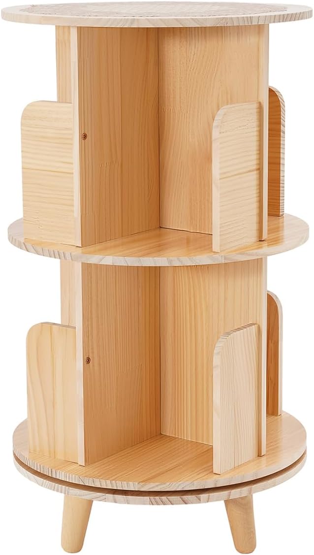 Gdrasuya10 2 Tier Rotating Bookshelf with Legs, 360 Display Revolving Bookcase Standing Bookcase Round Corner Bookshelf Wood Book Storage Display Shelves for Kids&Adults Small Space