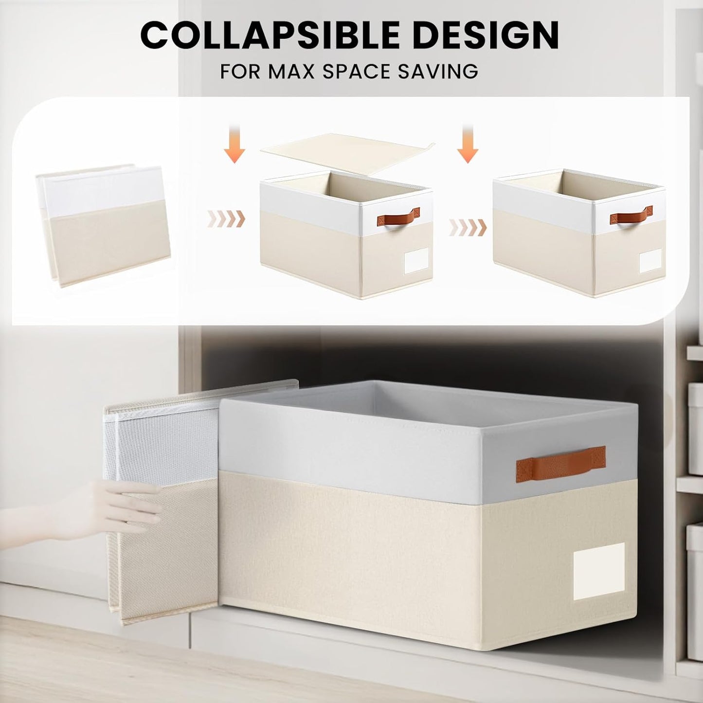 4 Pack Large Closet Storage Baskets for Shelves - 14x10 Heavy Duty Closet Shelf Organizer Bins with Handles & Labels - Decorative Collapsible Baskets for Organizing Living Room Bedroom Nursery Dorm