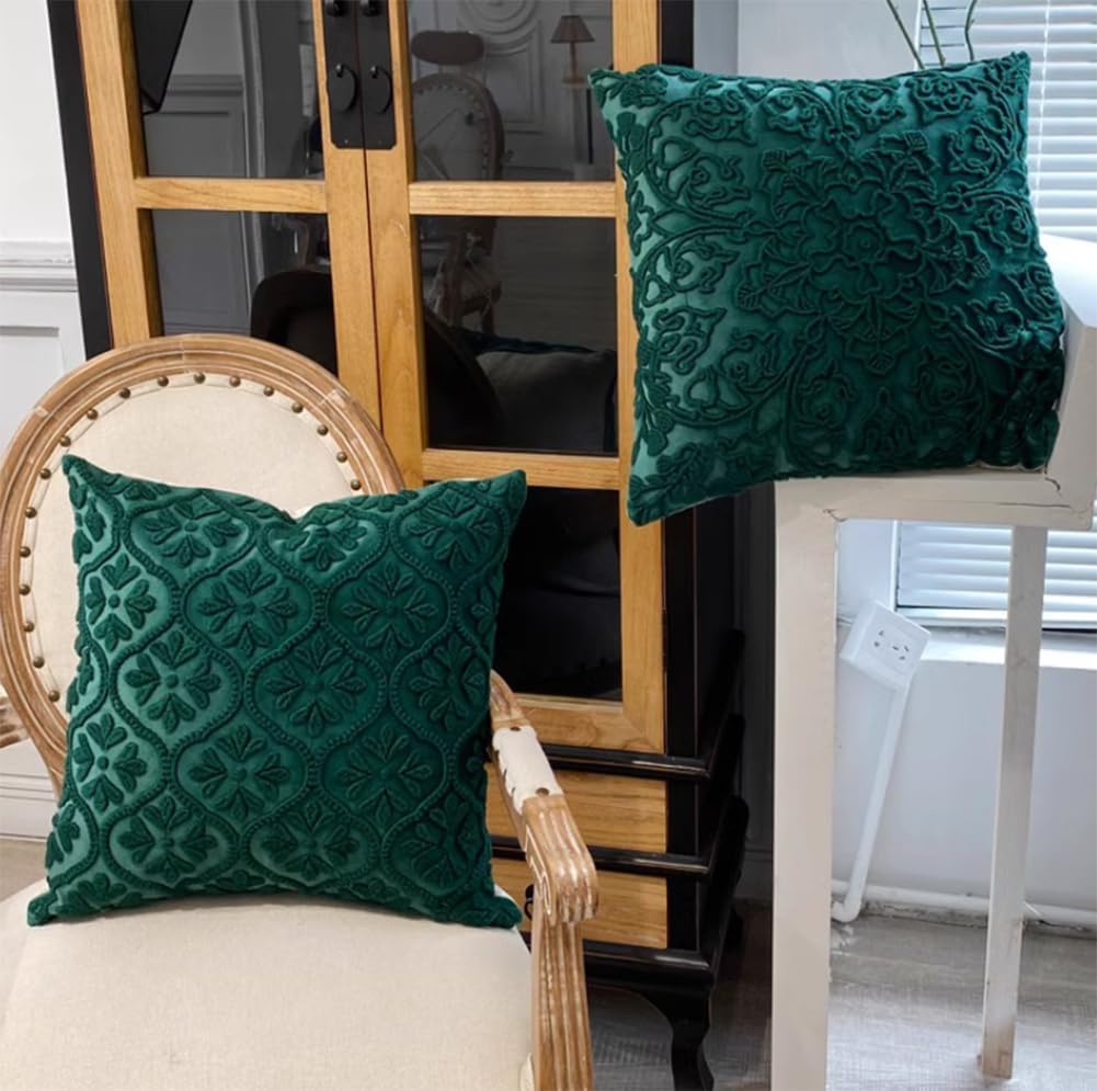 Stylish Decorative Throw Pillows Square Sofa Plush Cushion Reading Pillow Velvet Couch Bedside Lumbar Support Pillow (Blackish Green-A, 45×45cm/17.7"×17.7")