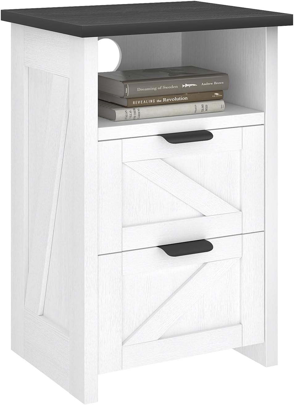 Farmhouse Nightstand, Rustic White Bedside Table with 2 Drawers and Storage Shelf, End Table for Bedroom, Living Room, Small Spaces, Set of 1