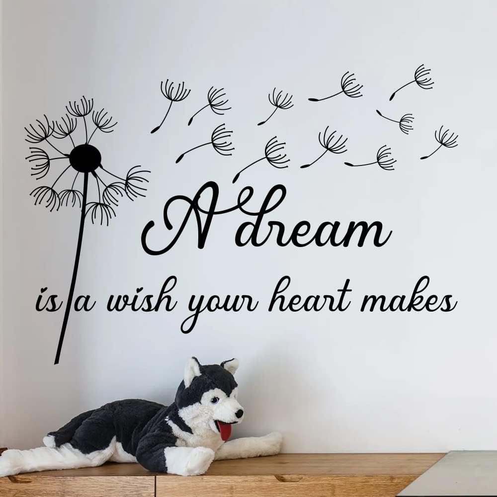 A Dream is a Wish Your Heart Makes Dandelion - Pure Black Vinyl Carved Wall Decal Without Transparent Edge Removable Art Letters Inspirational Quotes Decor for Home Study Kids Room