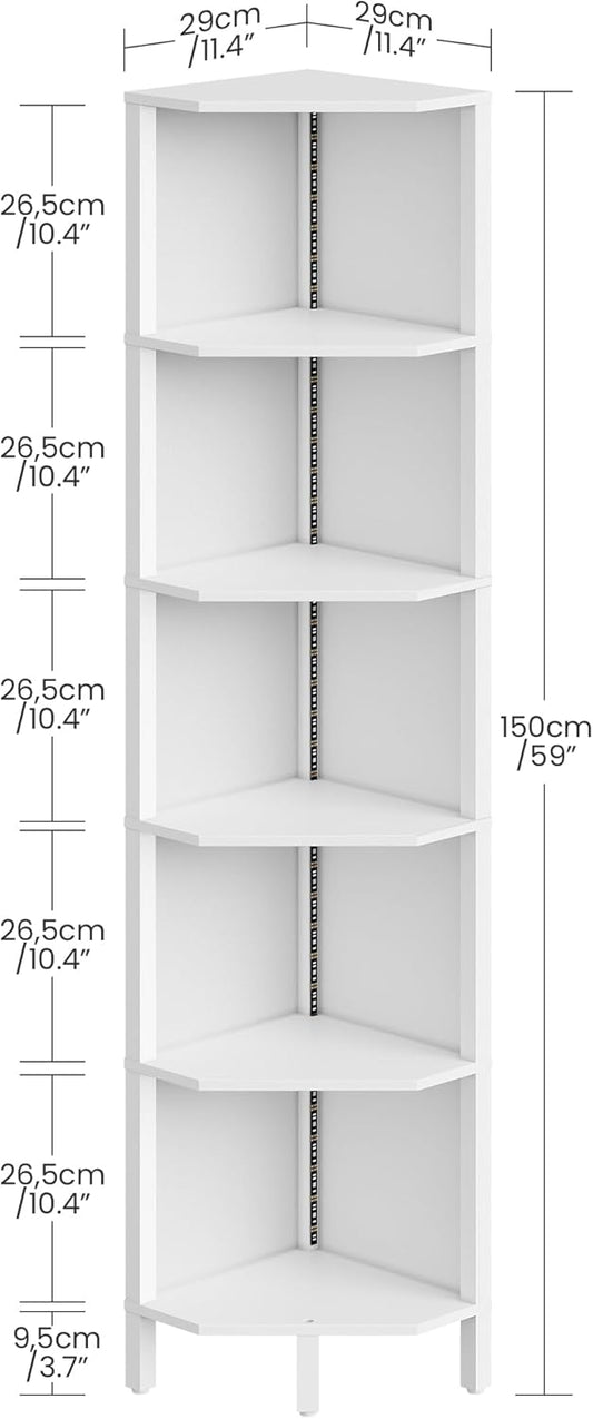 LED Corner Shelf with Lights, 5-Tier Diamond Shape Bookshelf, Standing Narrow Storage Organizer for Living Room, Bedroom, Office, Study, White MCJ03DWB