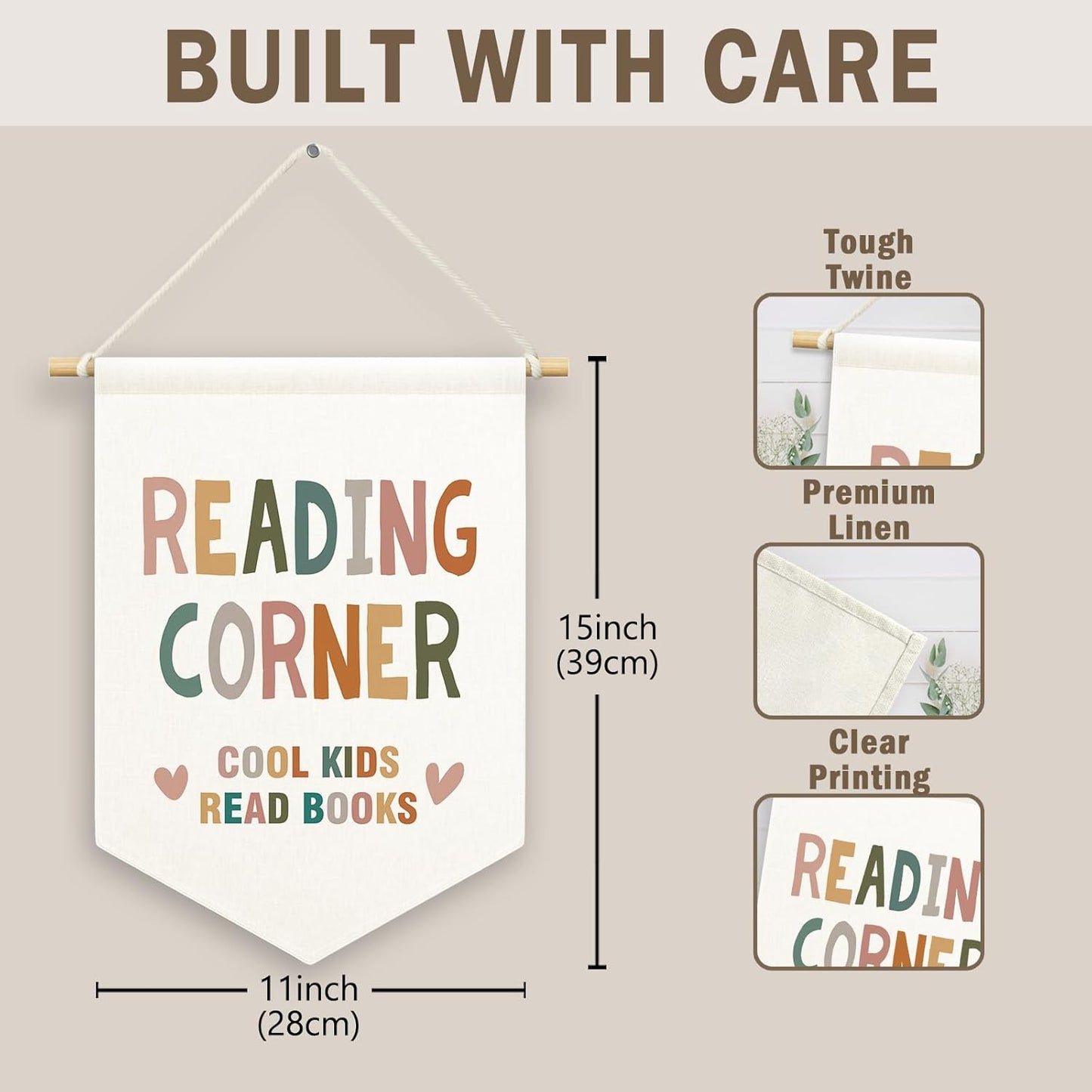 Reading Corner Kids Room Decor, Boho Read Classroom Banner Canvas, Nursery Cool Kids Read Books Wall Hanging Decor Art Pennant Flag for Library Playroom Toddler Room 11x15in