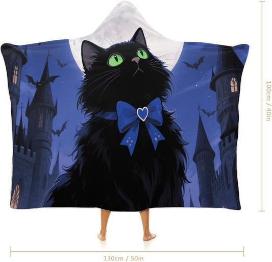 Halloween Black Cat Wearable Hoodie Blanket for Women Men Fleece Blanket with Hood Oversized Warm Cozy Gifts