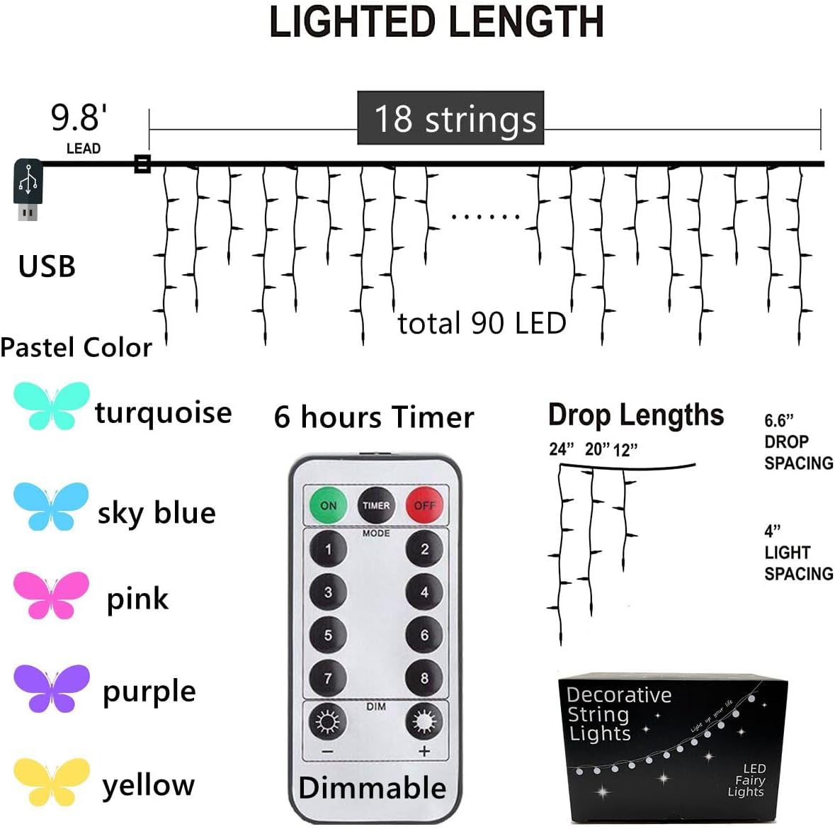 Butterfly Fairy Lights for Bedroom Curtain Lights Twinkle Pastel Cute String Lights Led Hanging for Kids Girls Room for Wall Bed Ceiling Decor with Remote Dimmer