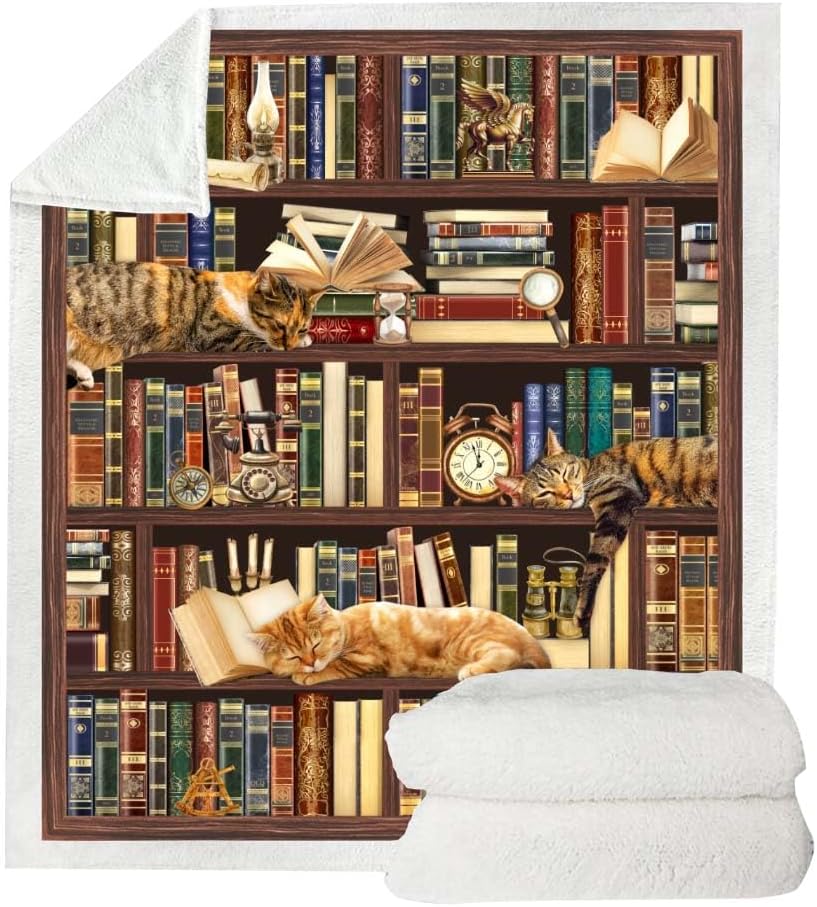 Book Lovers Gifts Reading Blanket,Gifts for Book Lovers Women,Librarian Gifts Throw Blanket,Literary Gifts Ideas,Best Bookworm Gifts,Best Gifts for Bookworm,Cat Soft Throw Blanket 50"x60"