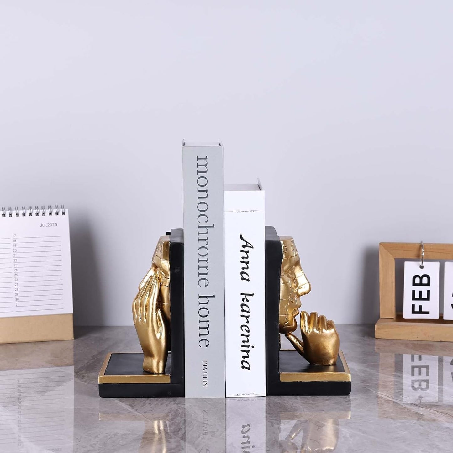 Abstract Decorative Bookends, Thinking Man Statue for Shelves, Heavy Bookends for Large Books, Handcrafted Resin Art for Home and Office Decor, Aesthetic Desk Organizer for Bookshelves (Black Gold)