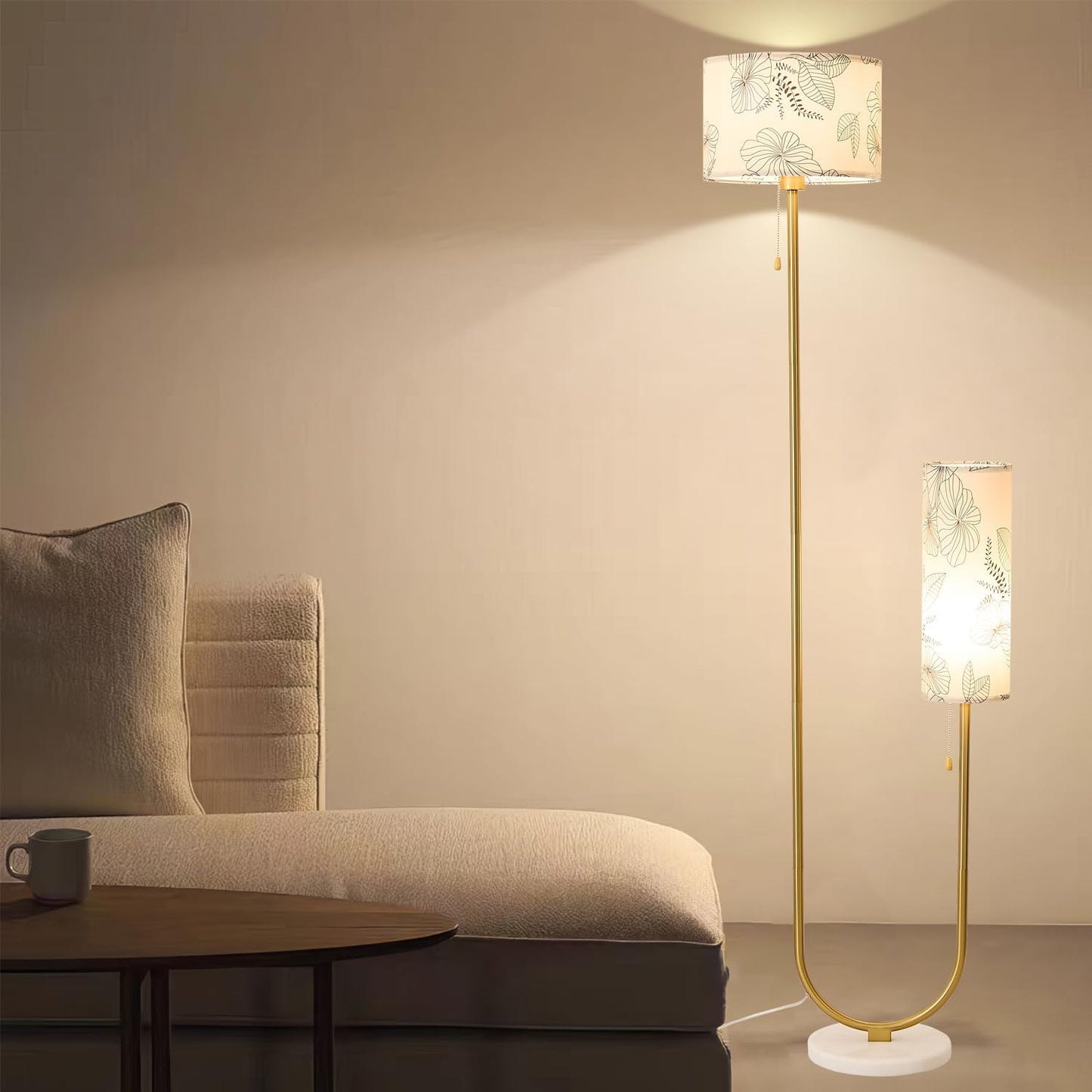 Floor Lamp for Living Room,Modern U-Shaped Standing Lamps with 2 Fabric lampshades, Rustic Farmhouse Tall Pole Light for Bedroom Corner Reading (Gold+White Shade)