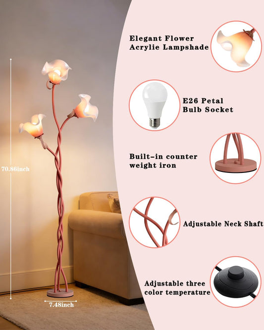 Flower Floor Lamp for Living Room - Tall Standing Reading Lamp with Flexible Neck, 3 Color Temperatures LED Dimmable Decorative Light, Pink Calla Floor Lamp for Bedroom Corner (Pink)