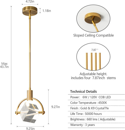 Pendant Ceiling Light Fixture for Kitchen Island, Modern Integrated LED Hanging Light, Crystal Pendant Light in Gold Brushed Brass Finish, Bedroom, Dining Room(1-Lights)