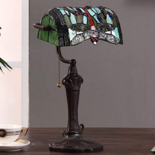 Bieye L10058 Dragonfly Tiffany Style Stained Glass Banker Table Lamp with 10-inch Wide Lampshade and Zinc Base for Reading Working Desk (Green)