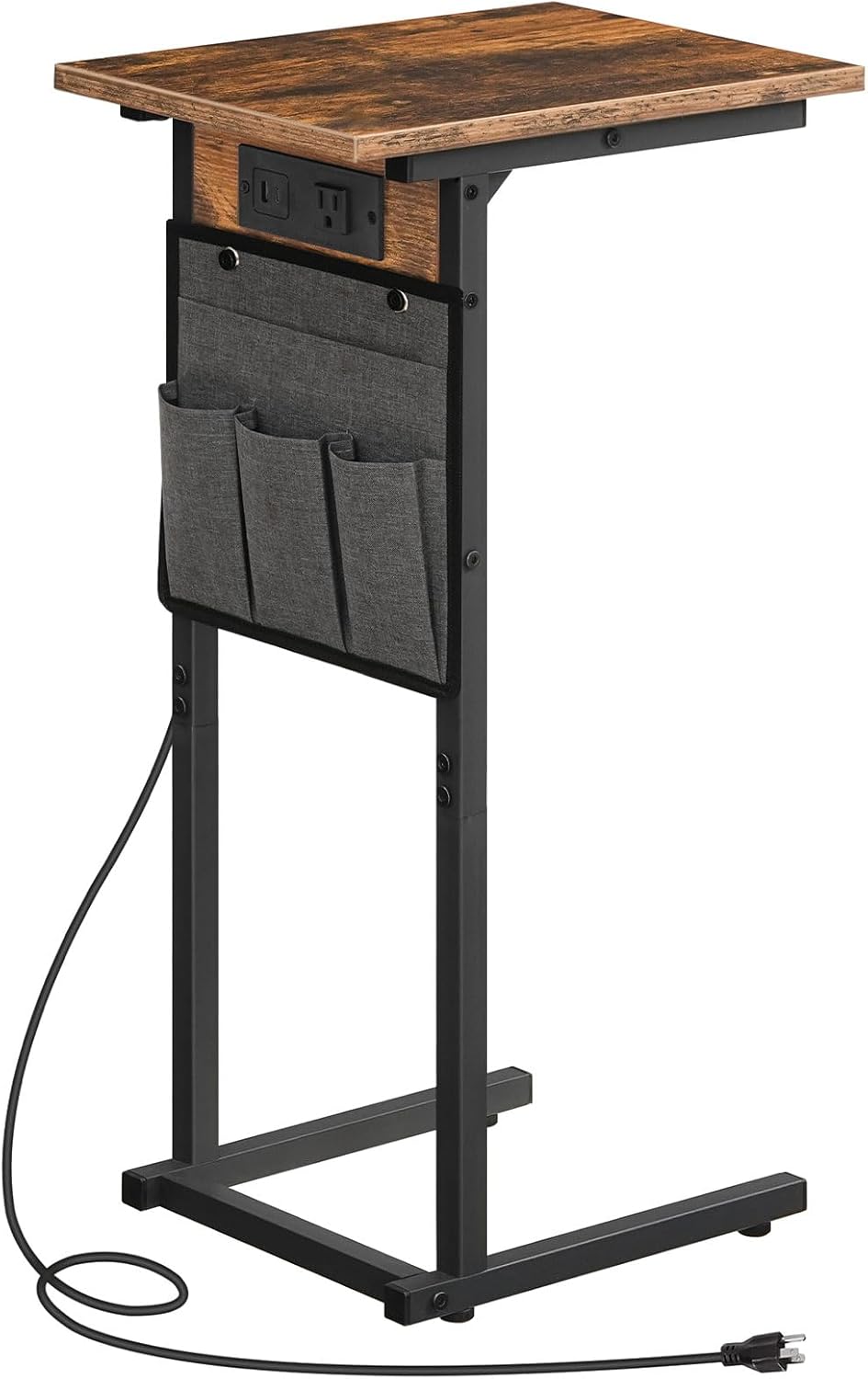 HOOBRO C Shaped Side Table with Charging Station, Slide Under Couch Table, 27.8" Tall Side Table for Sofa Arm with Fabric Storage Pocket, for Living Room, Bedroom, Rustic Brown BF73USF01