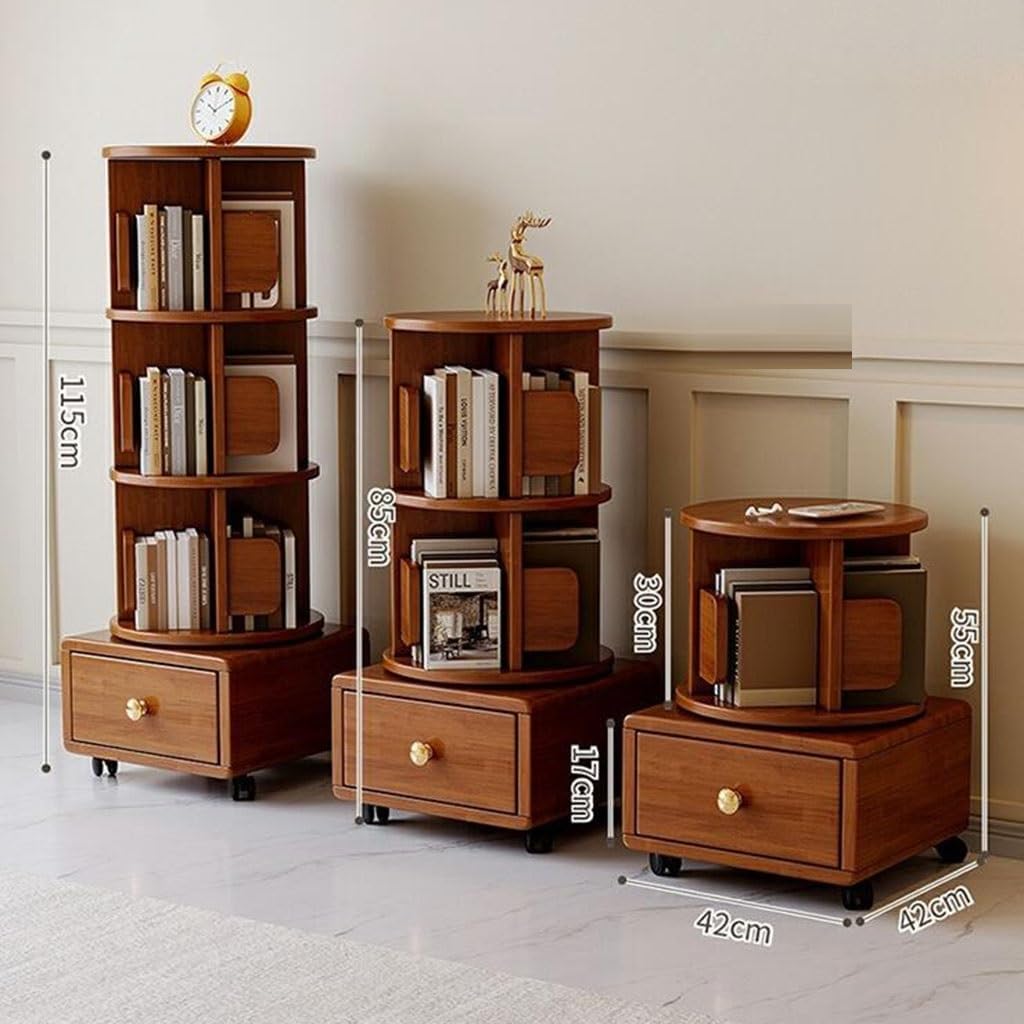 Walnut Rotating Bookshelf with Wheels, 360° Rotary Bookcase, Stackable Picture Book Rack with Drawers, Space-Saving Storage for Living Room and Bedroom