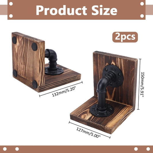 WADORN Decorative Book End, Handmade Heavy Duty Book Holders with Modern Industrial-Style Pipe Design Rustic Non-Skid Thickened Wooden Bookends for Home Library Office Desktop Bookshelf Decor