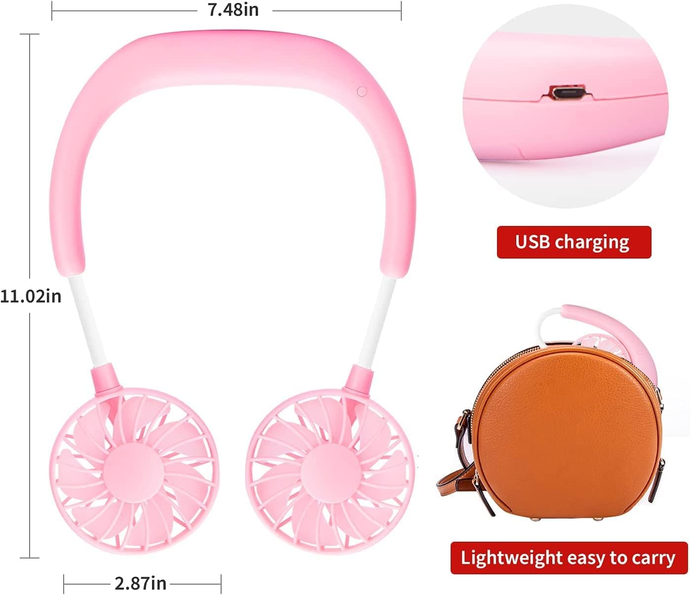 Portable Neck Fan Rechargeable Personal Hand-Free Fan Mini USB Wearable Neckband Sport Fan, 3 Speed Adjustable, 360 Degrees Free Rotation Perfect for Working, Traveling,Office, Reading (Blue Pink)