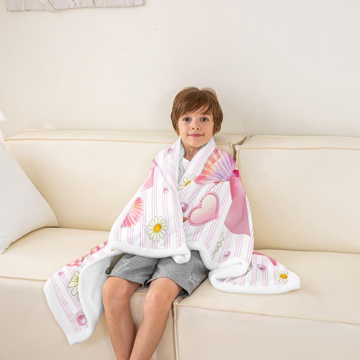 Feelyou Pink Bow Sherpa Throw Blanket for Couch Cute Super Soft Cozy Fleece Starfish Beach Blanket for Winter, Plush Throw Shell Throw 50"x60" Coastal Ocean All Season