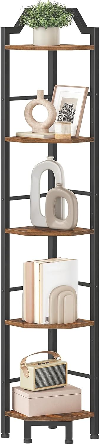 HOOBRO Narrow Corner Shelf Stand, 5-Tier Corner Shelf, 63” Tall Multipurpose Corner Bookshelf, Standing Display Shelf Plant Stand, for Living Room, Study, Kitchen, Rustic Brown and Black BF100CJ01