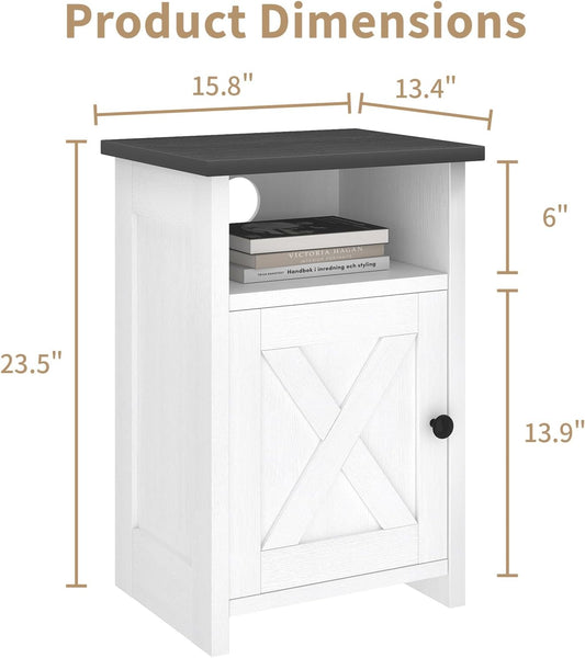 Farmhouse End Table Set of 2, Nightstands with Barn Door and Storage Shelf, Rustic White Bed Side Table for Living Room, Bedroom, Entryway, Office, Small Spaces, White