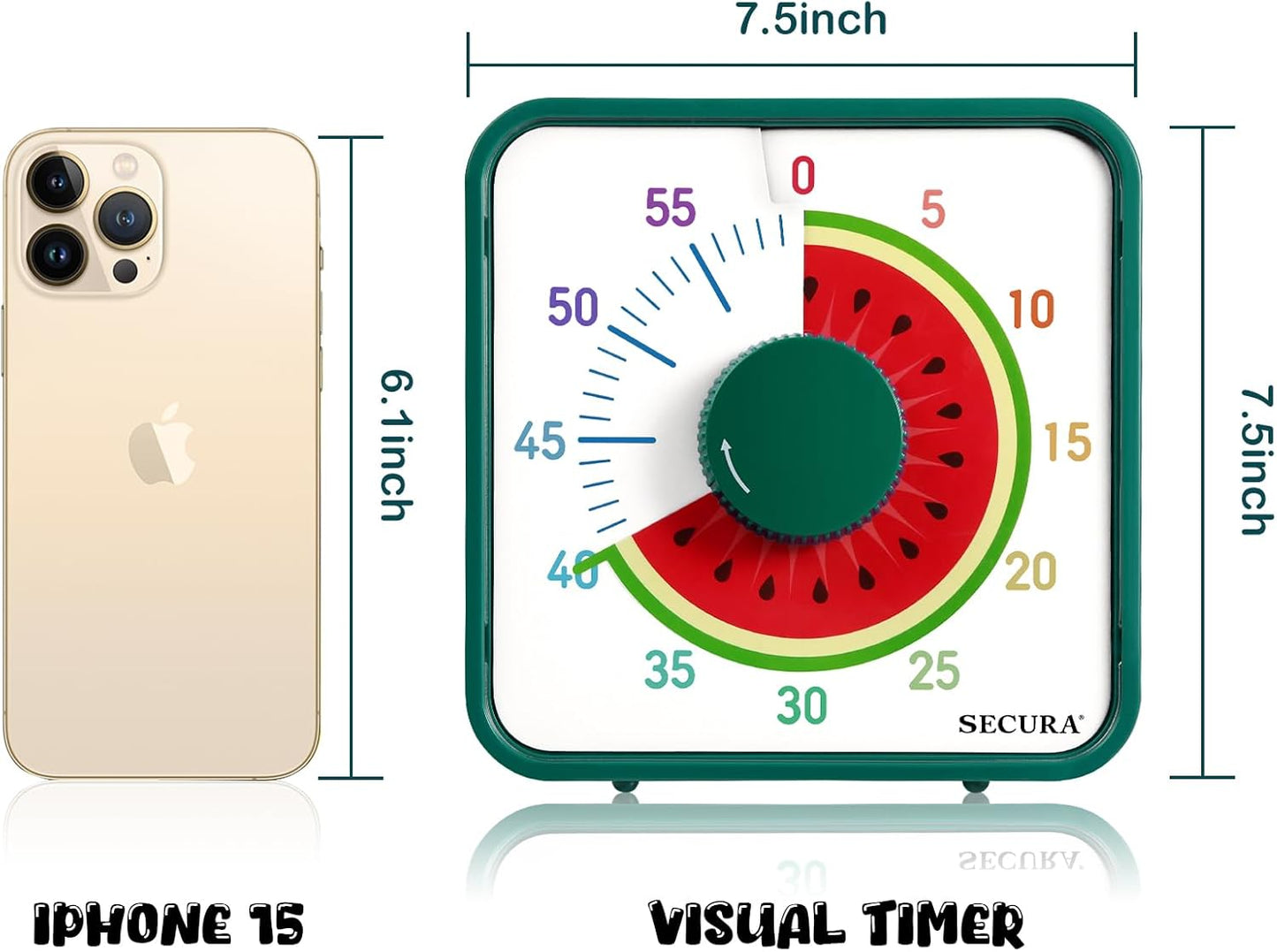 Secura 7.5-Inch Fruit Visual Timer for Kids, 60-Minute Countdown Timer for Classroom or Kitchen, Durable Mechanical Timer Clock with Magnetic Backing (Watermelon)