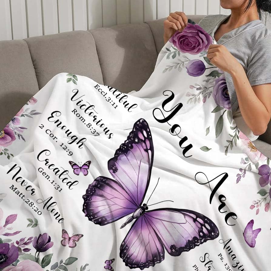 MASLEK Purple Butterfly Floral Flannel Blanket Cozy Throw with Inspirational Quote for Women Girls Home Bedroom 60x80 Inch