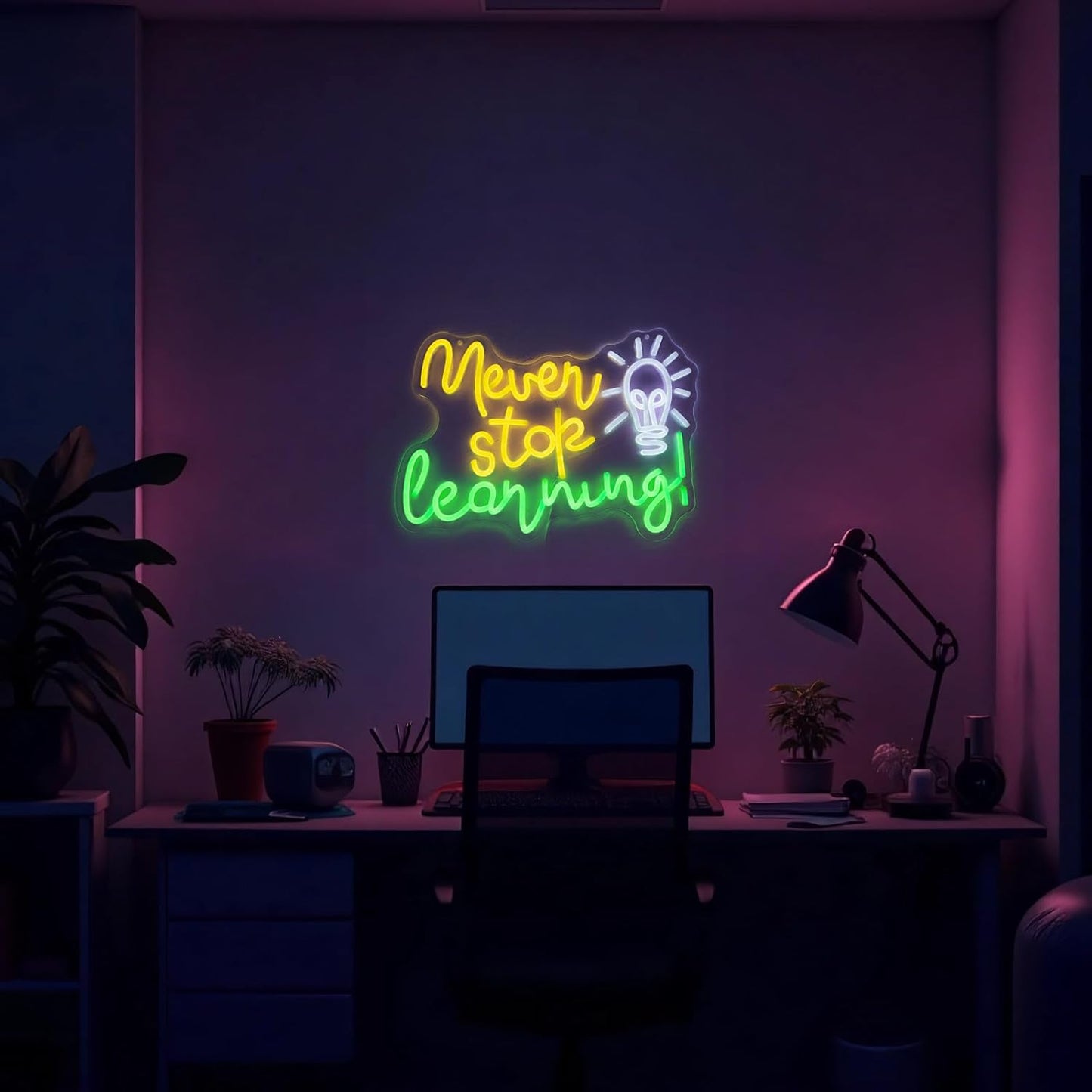 Never Stop Learning Neon Sign Letters neon signs for Wall Decor Dimmable 5V USB Powered Classroom LED Light Sign for Study Office Decoration Education Gifts.(16.5x11.8in)(Yellow, Green, Cool White)