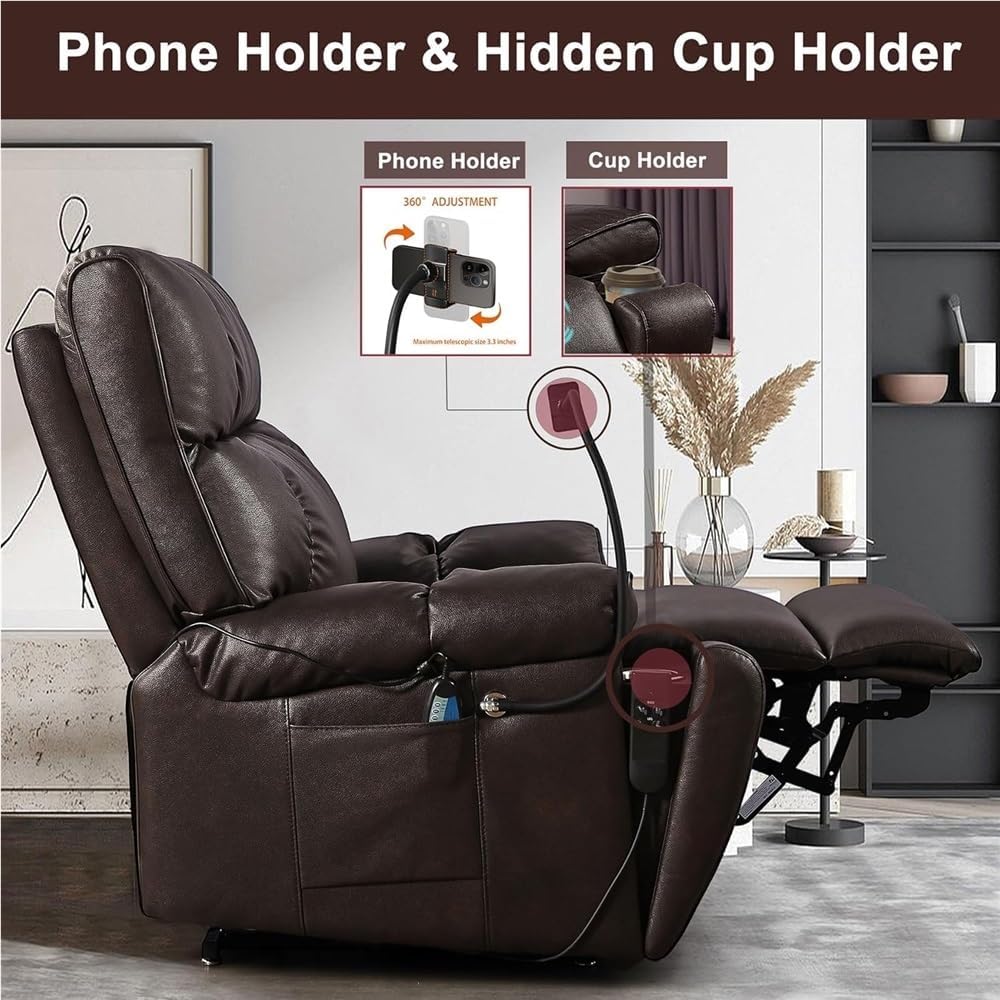 Dual Motor Power Lift Recliner Chair for Elderly, 180° Lay Flat Electric Reclining Sofa with Heat and Massage, Breathable Leather, Remote Control, Cup Holders