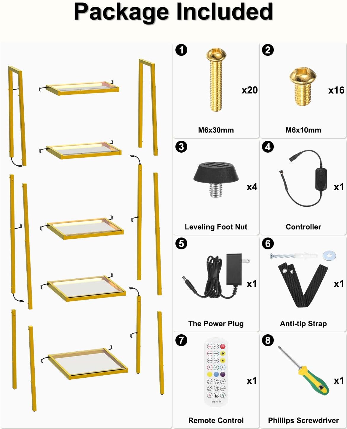 5-Tier Glass Display Shelf with RGB Light, 67" Ladder Bookshelf, Music Sync & 3 CCT, Dimmable App/Remote, Modern Freestanding Corner Storage Rack, Metal Organizer for Living Room Home Office, Gold