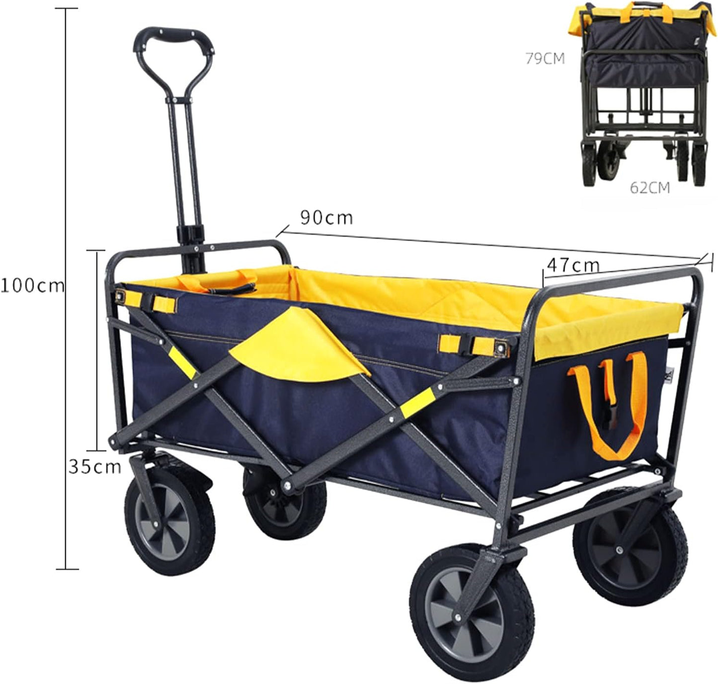 Foldable Outdoor Cart Rubber Wheels Heavy Duty Utility Wagon Camping Picnic Garden Grocery Trolley with Removable Fabric and Brake