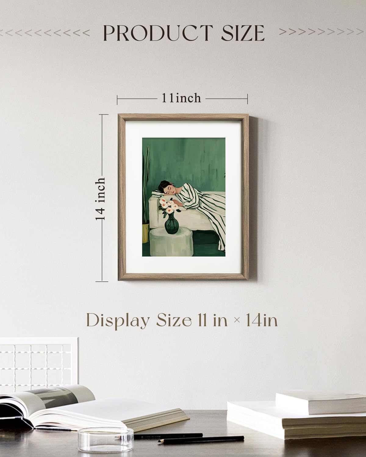 ARPEOTCY Framed Canvas Wall Art, 11x14 Inch Minimalist Woman Resting on Bed Print, Modern Green Aesthetic Wall Decor for Bedroom or Living Room