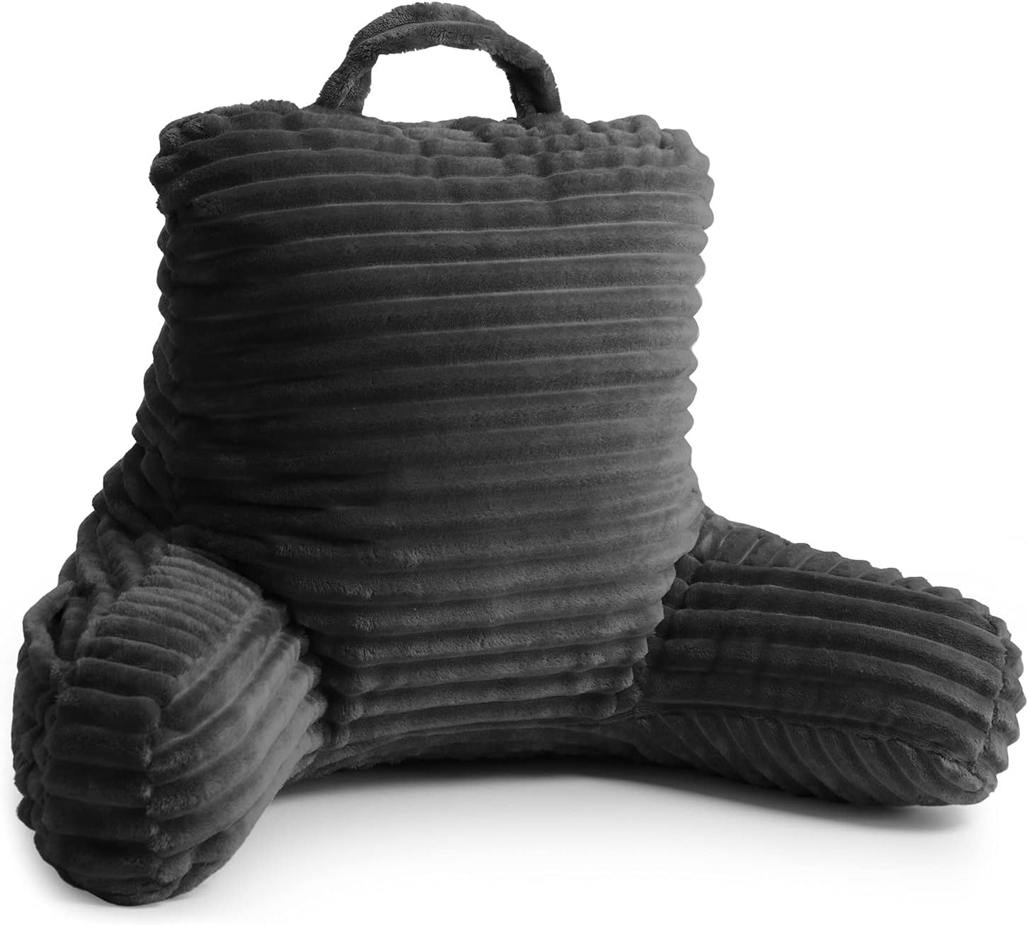 Clara Clark Reading Pillow for Kids – Back Pillow for Sitting in Bed, Plush Bed Pillows for Sitting Up in Bed, Grey Kids Reading Pillow, Shredded Foam Bed Chair Pillow with Arms and Pockets