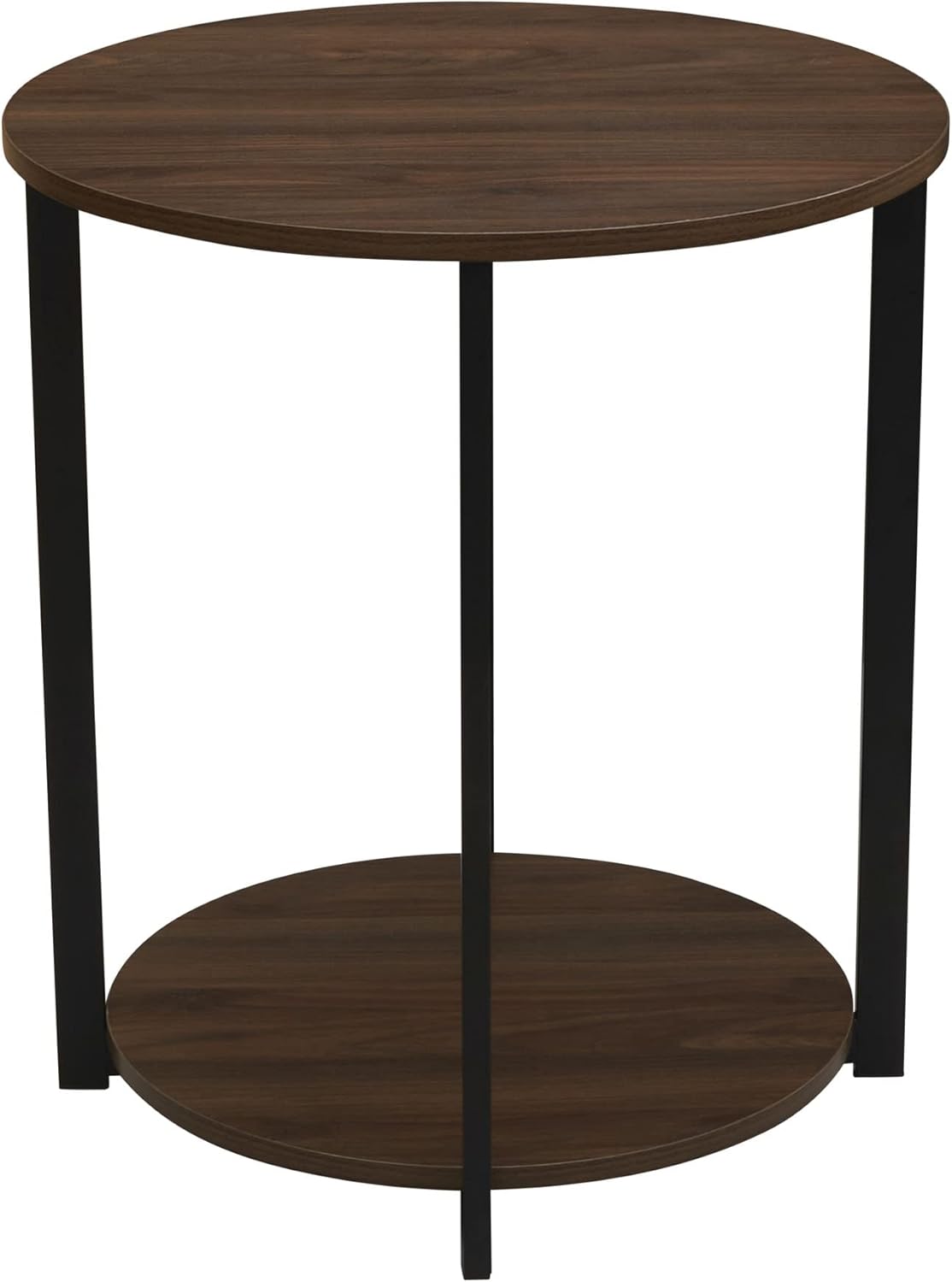 Household Essentials Jamestown Round Side End Table with Storage Shelf Mid Century Walnut Wood Grain and Black Metal