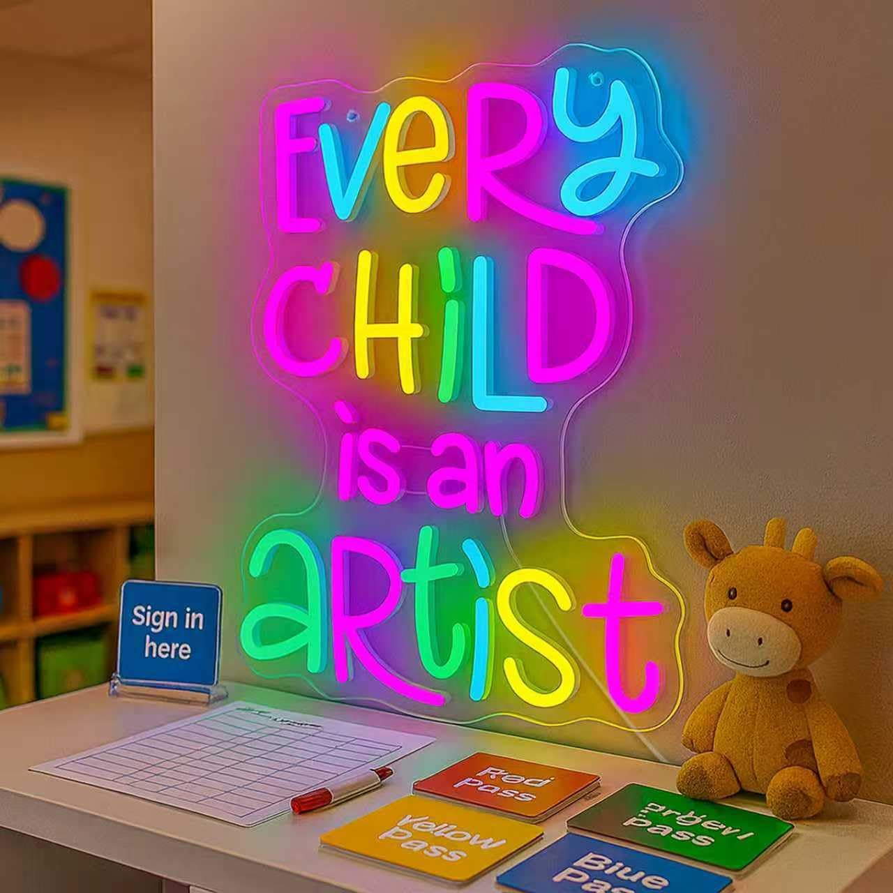 Every Child Is an Artist Neon Sign, Classroom Decor USB Powered Dimmable LED Word Light, Library Reading Corner & Home Study Wall Art, Teacher Gift, Easy Hang Acrylic Backboard