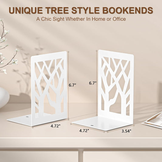VFINE Withe Bookend 2-Piece, Tree Design Bookends for Shelves, Metal Book Ends for Desk, Decoration Stylish Bookshelf Bookends for Home Office School Supplies