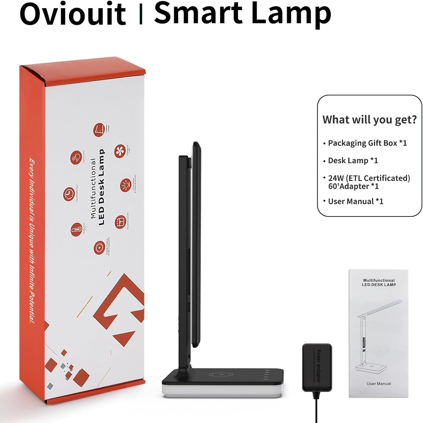 LED Desk Lamp for Home Office, USB Charging Port, Reading Lamp Desk Light with 5 Brightness, 3 Colors, Table Lamp with Clock, Alarm, Date, Temperature, Desk Lamp for College Dorm Room (Black)
