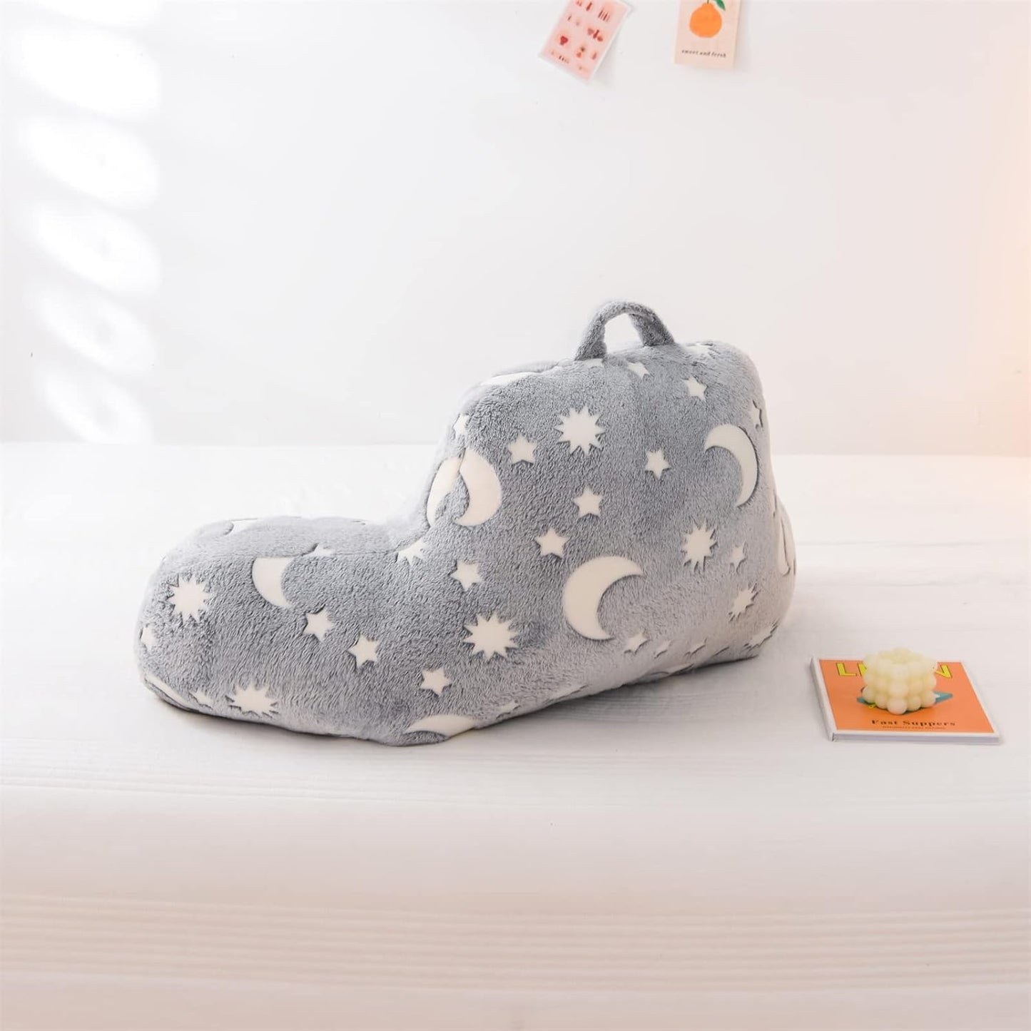 A Nice Night Star Moon Plush Reading Pillow Glow in The Dark Bed Wedge Children Backrest with Arms Back Support for Sitting Up in for Bedrest,Grey