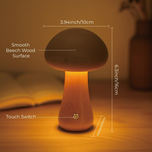 Mushroom Lamp, Rechargeable Touch Control Mushroom Night Light, Portable Dimmable Wooden Lamp for Kids Room, Bedroom, 6.3" H