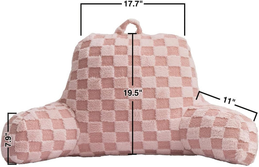 Holawakaka Checkered Reading Pillow for Sitting up in Bed Sofa Kids Teens, Backrest Pillow with Arms for Boys Girls Women Petites Pregnancy, Back Support Cushion for Couch Floor Nursery Playroom,Pink