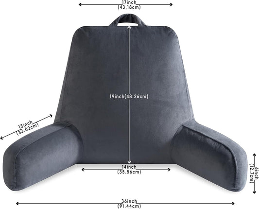 Reading Pillow for Sitting in Bed Adult, 19" Reading Pillow with Shredded Memory Foam, Back Pillow for Sitting Up with Extend Arms, Pockets, Bed Pillow with Washable Cover, Grey