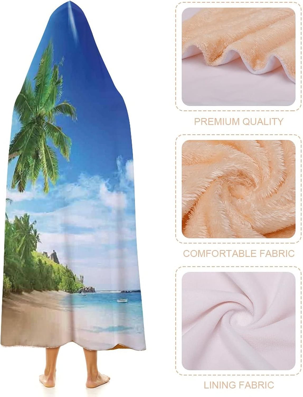 Throw Blankets, Ocean Decor Women Men Hooded Blanket, Beach Sunset Tranquil Tropic Sea Waves, Soft Warm Cozy, 40 x 50inches, Studying Reading Snuggling Napping Office, Multicolor