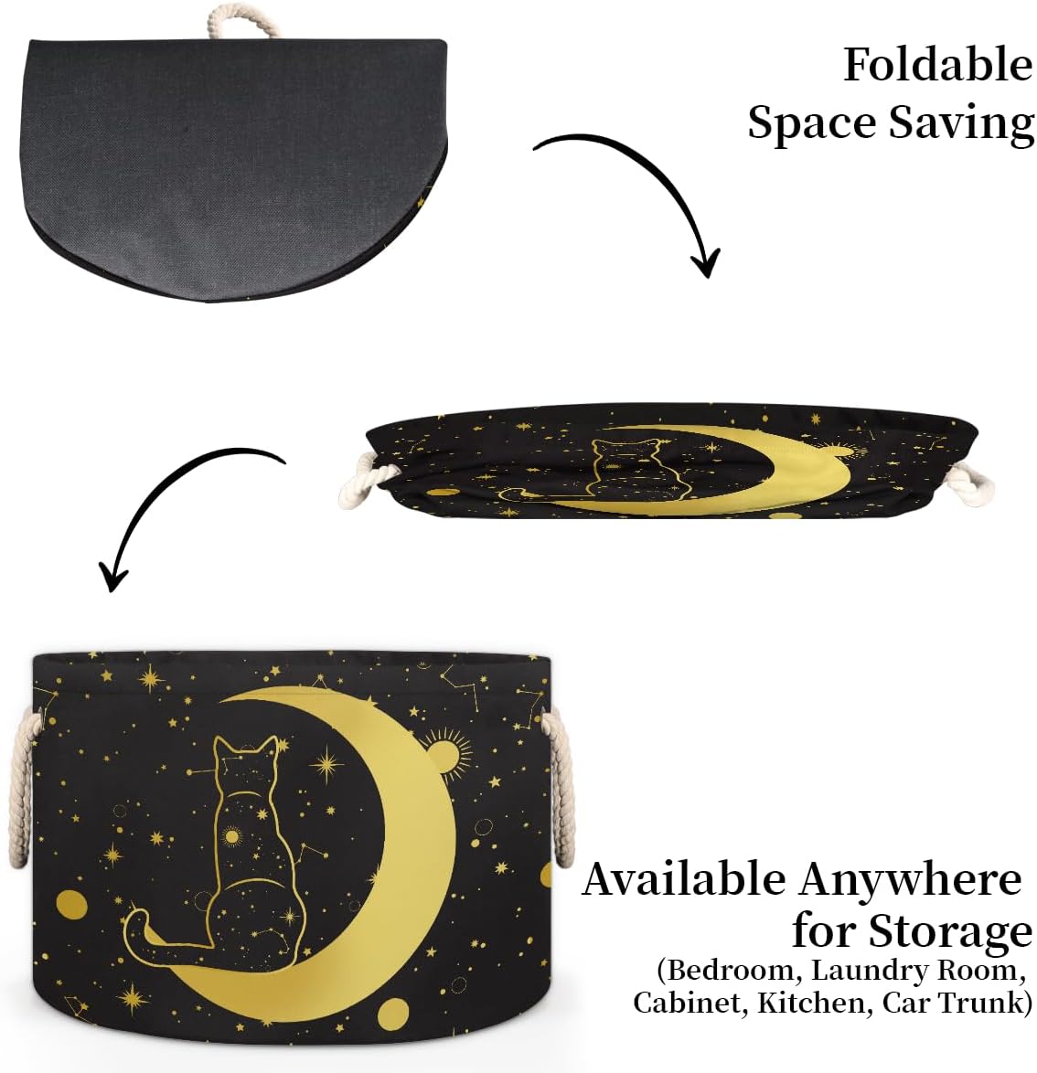 Storage Baskets - Moon Large Nursery Organizer Bin Box with Handles Collapsible Round Black Cat Laundry Hamper for Kids Boy Toys Pet Blanket, Bedroom Living Room Home Decor Gift Basket (19.4"x13.3")