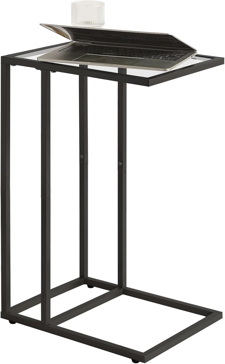 YMYNY C-Shaped End Table, Tempered Glass Sofa Side Table, TV Tray CouchTable That Slide Under for Small Space, Coffee Table for Hallway Office Bedroom Living Room, Metal Frame, Black, UHGD001B