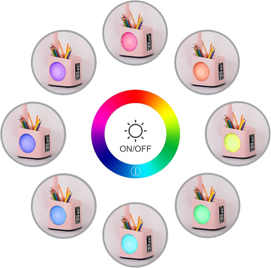 LED Desk Lamp with Clock,Color Changing Nightlight,Study Lamp with Pen Holder,Desk Light with USB Charger,Table Light for Home,Office,Bedroom,Gift for Kids,Students,Women,Pink