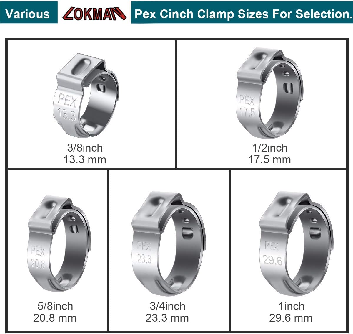 LOKMAN 50 Pack 1/2 Inch PEX Cinch Clamps, Stainless Steel Rings Pinch Clamps for PEX Tubing Pipe Fitting Connections (1/2 Inch)