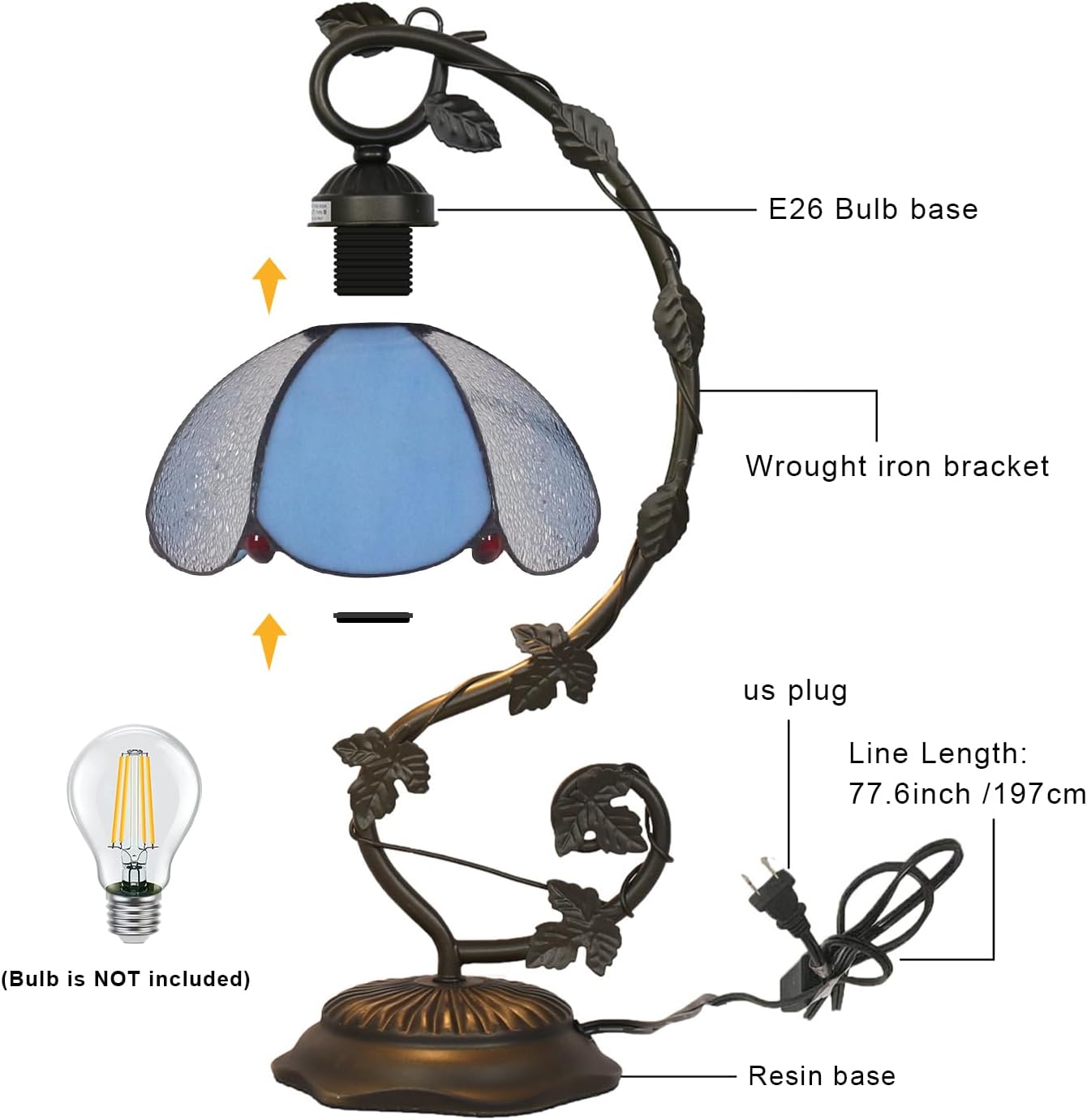 Tiffany Table Lamp, Blue and White Glass Shade with Metal Vine Base, 8x10x20 Inch